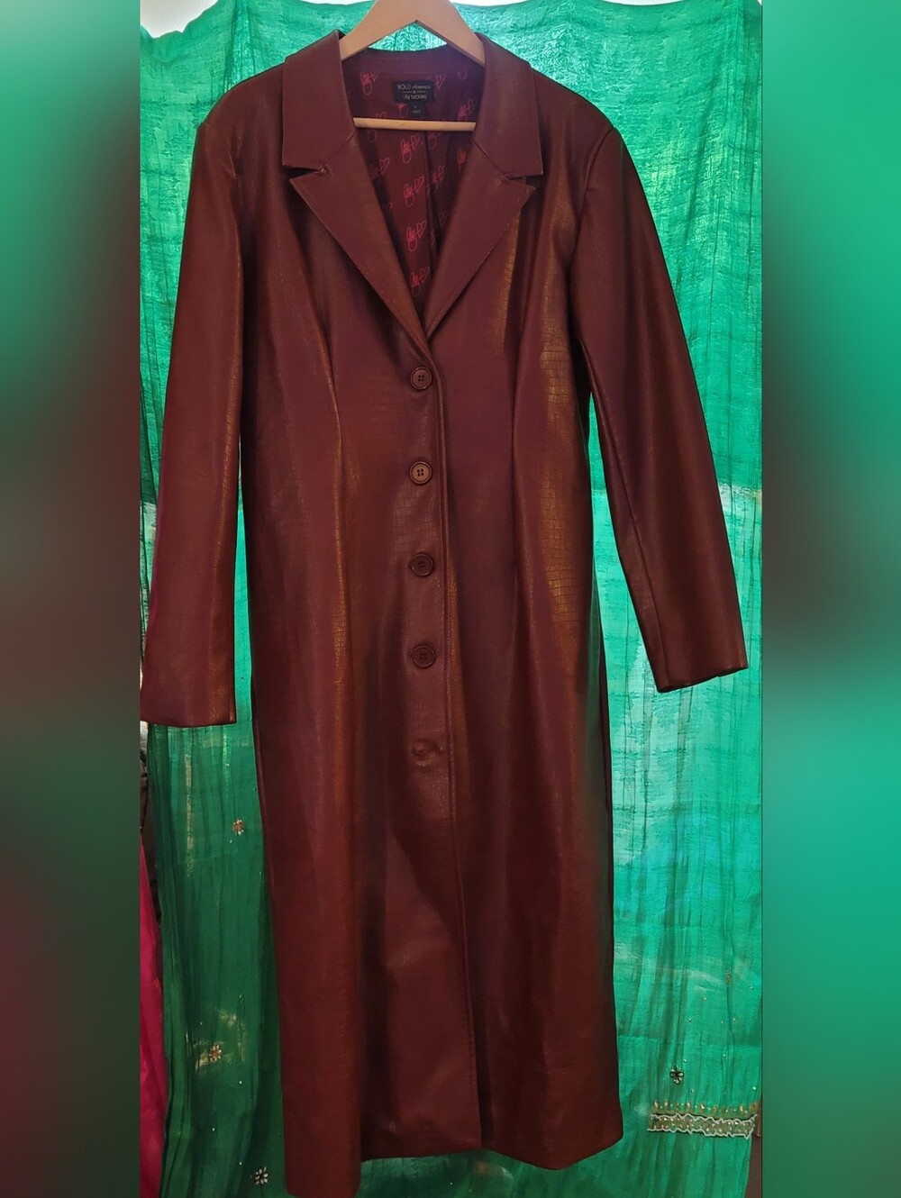 Women’s Long Deep Red Faux Leather Coat With Croc Embossed Pattern